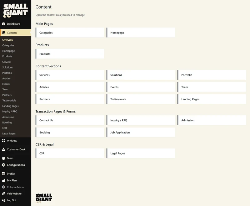 Website content workspace screenshot