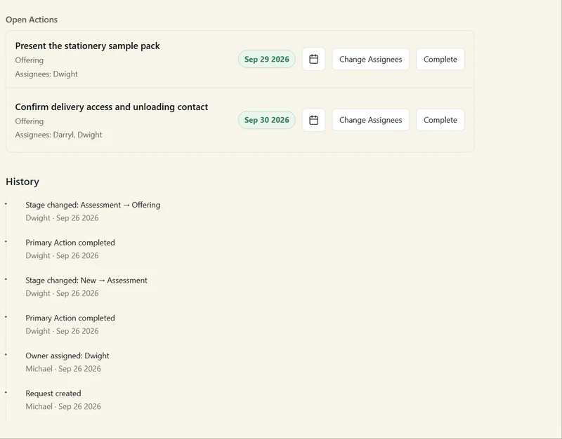 Actions, deadlines and history screenshot