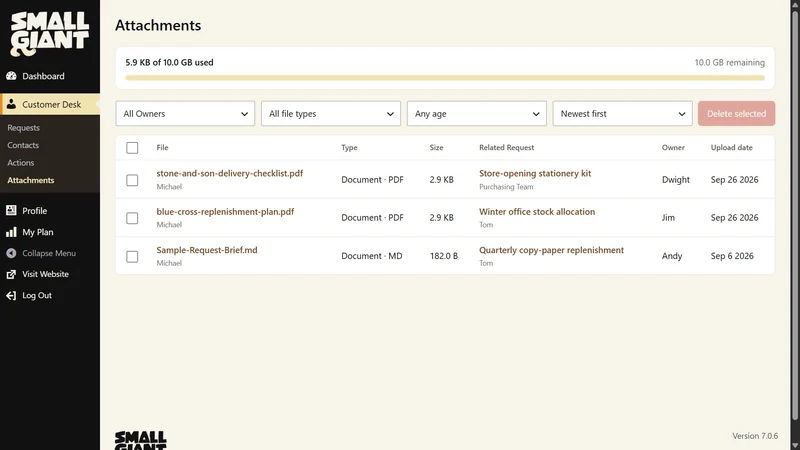 Request attachments, source and ownership screenshot