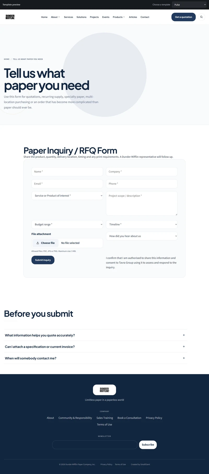 RFQ enquiry form screenshot